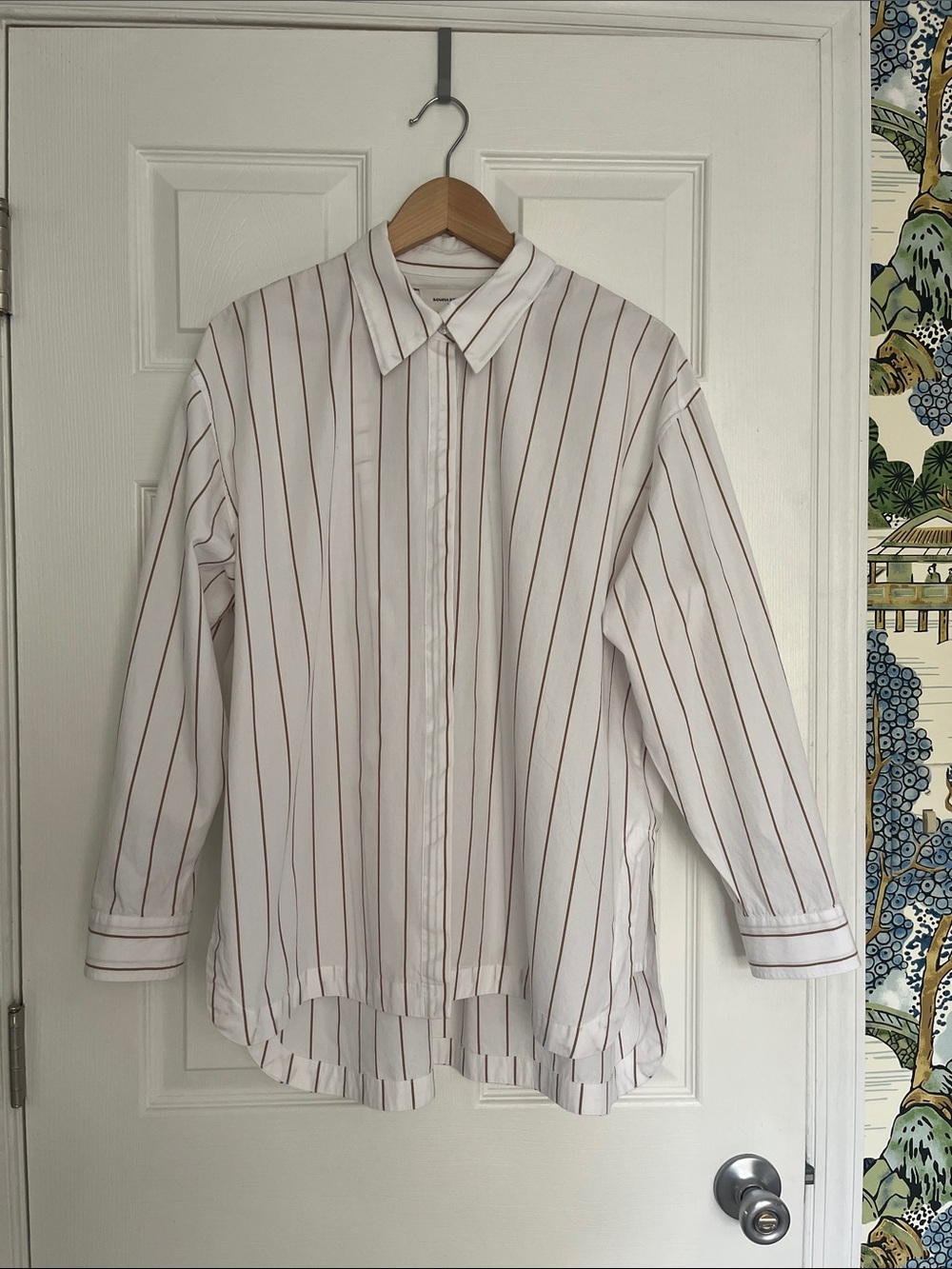 Banana Republic Women’s Oversized (L) Button-Down White Shirt with Tan Stripes